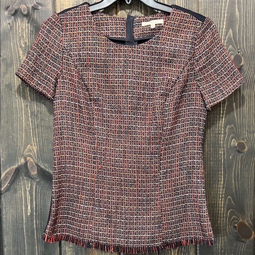 41 Hawthorn Tweed Structured Fringe Blouse Size M Textured Metallic Red Black